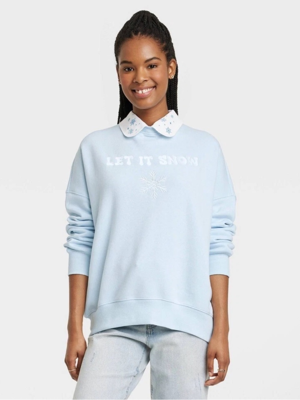 Doe Light Blue Pullover Sweater with Cream Embroidered Collar Large